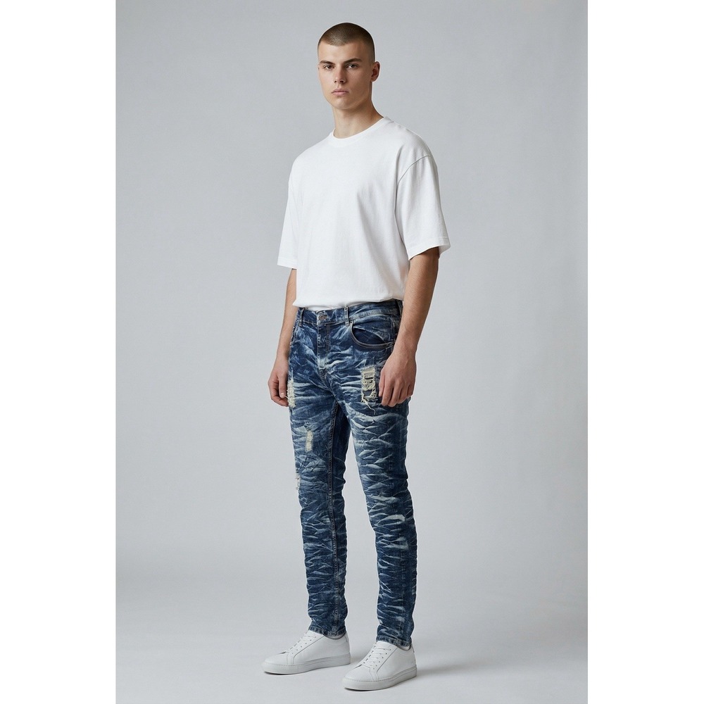 Evolution in Design Men Distressed Jeans 42x36 Blue Denim heavy Rips Faded Wash